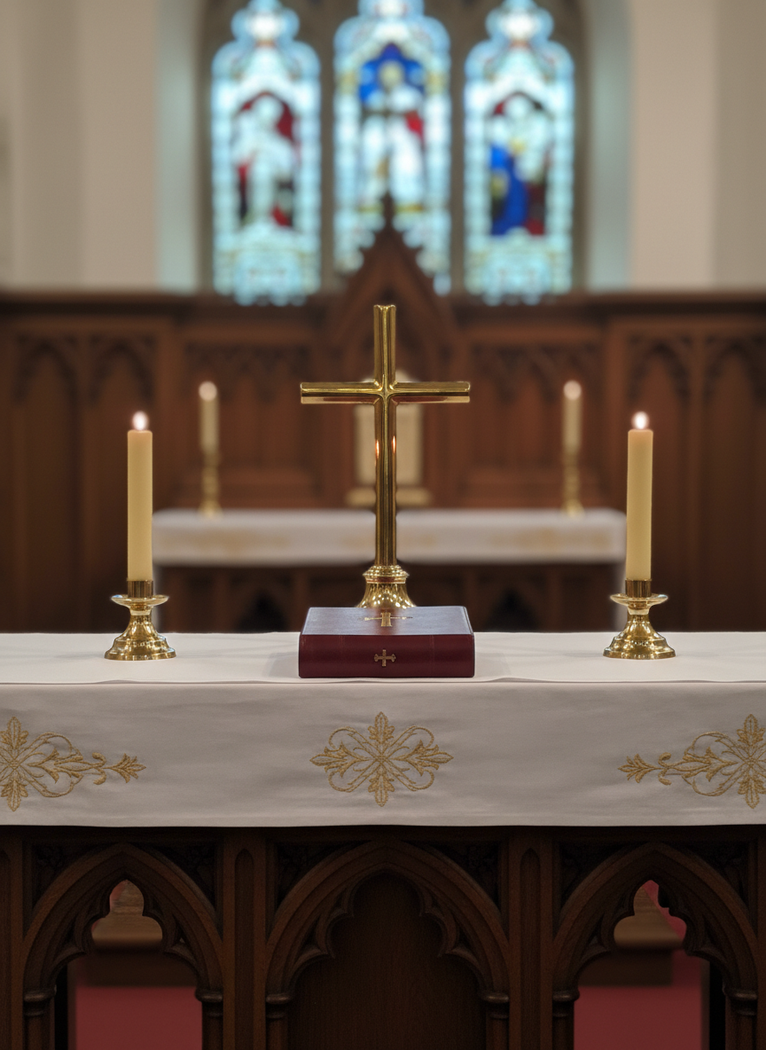 A close-up, photographic realistic view of a polished wooden altar inside an Anglican sanctuary, covered with an elegant white linen frontal trimmed with subtle gold embroidery. At the center, a gleaming brass cross stands between two unlit beeswax candles in simple brass holders, with a closed dark red Book of Common Prayer resting reverently in front. The background shows a softly blurred carved wooden reredos and a glimpse of stained glass in muted jewel tones. Soft, diffused daylight filters from side windows, casting gentle highlights on the brass and wood. The mood is reverent, calm, and professional, with an eye-level composition and shallow depth of field that focuses attention on the altar elements while keeping the surrounding space quietly present.