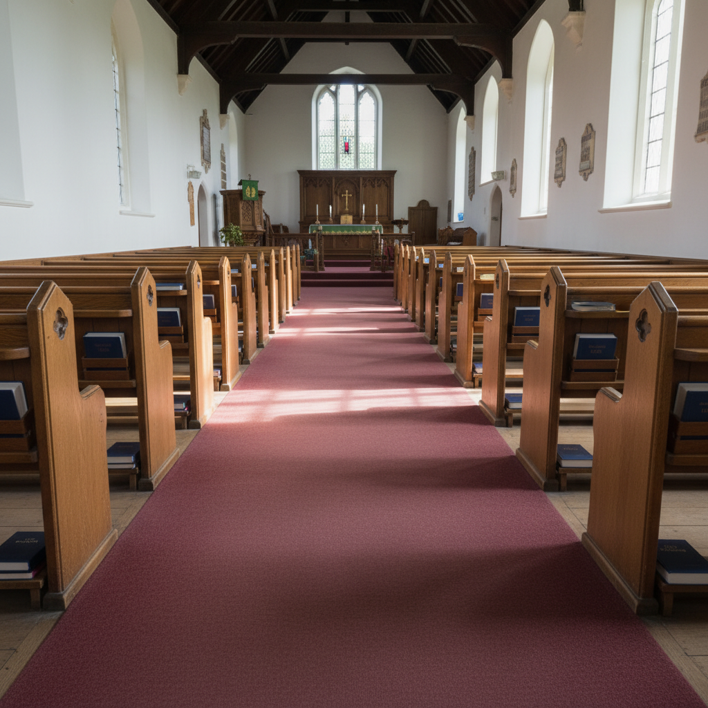 An orderly row of wooden pews inside a traditional Anglican church, their medium-oak surfaces softly worn from years of use, each with neatly stacked hymn books and prayer books in dark blue and burgundy cloth covers. The center aisle is carpeted in a deep, understated red leading toward a distant, slightly blurred chancel. Overhead, white plaster walls meet simple wooden beams. Natural afternoon light streams in from tall, clear-glass windows along one side, creating rhythmic bands of brightness and shadow across the pews. Photographed from a low angle looking down the aisle, the image conveys a peaceful, contemplative mood, with photographic realism and strong linear perspective drawing the eye toward the sanctuary, suggesting order, tradition, and quiet welcome.
