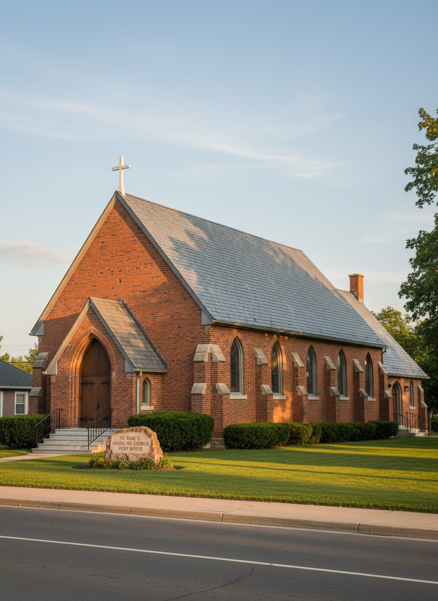A dignified red-brick Anglican church identified as St. Paul’s in Port Dover, with a steep gray slate roof and a simple white wooden cross mounted at the peak. The building sits on a neatly kept lawn with low evergreen shrubs and a small stone sign bearing the church’s name. It is photographed at golden hour from a slightly elevated angle across the quiet street, with warm sunlight grazing the brickwork and long, soft shadows stretching over the grass. The sky is a calm pale blue with a hint of clouds, creating a serene, welcoming atmosphere. Photographic realism with sharp detail throughout, composed using the rule of thirds to emphasize the church façade and entrance steps.