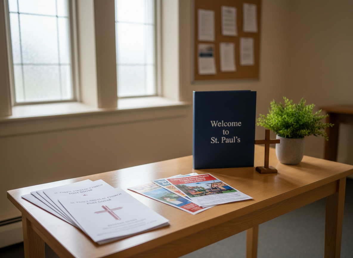 A detailed photographic image of a church communication table set up in a bright, uncluttered parish hall at St. Paul’s Anglican Church Port Dover. On a light wood table lies a neatly arranged selection of printed Sunday bulletins, a small stack of community outreach flyers, and a simple navy-blue folder labeled “Welcome to St. Paul’s” in clean white lettering. A small wooden cross and a modest potted green plant add warmth. Soft overcast daylight filters through large windows, producing even, shadow-minimized lighting. The background shows softly blurred neutral-colored walls and a notice board with indistinct papers. Shot from a slightly elevated angle with sharp focus on the printed materials, the atmosphere feels professional, organized, and inviting, emphasizing clear communication and hospitality.