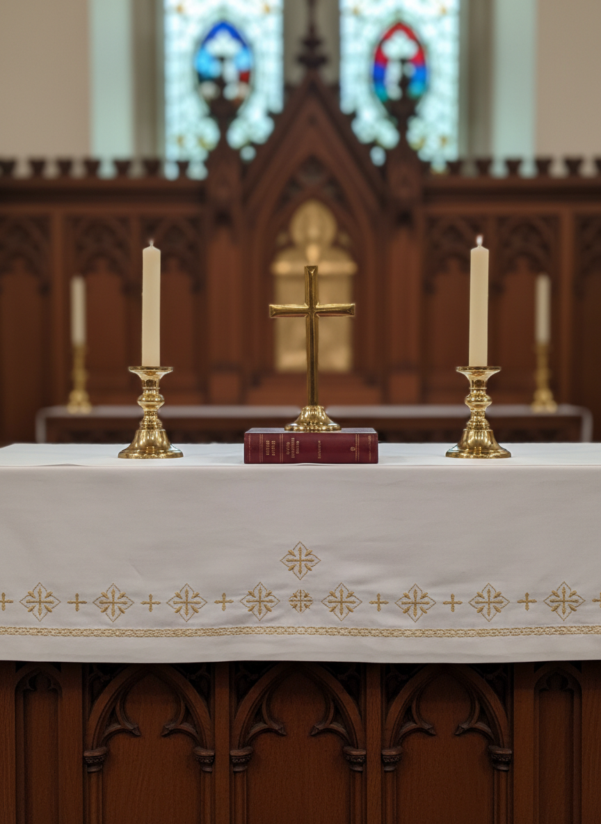 A close-up, photographic realistic view of a polished wooden altar inside an Anglican sanctuary, covered with an elegant white linen frontal trimmed with subtle gold embroidery. At the center, a gleaming brass cross stands between two unlit beeswax candles in simple brass holders, with a closed dark red Book of Common Prayer resting reverently in front. The background shows a softly blurred carved wooden reredos and a glimpse of stained glass in muted jewel tones. Soft, diffused daylight filters from side windows, casting gentle highlights on the brass and wood. The mood is reverent, calm, and professional, with an eye-level composition and shallow depth of field that focuses attention on the altar elements while keeping the surrounding space quietly present.