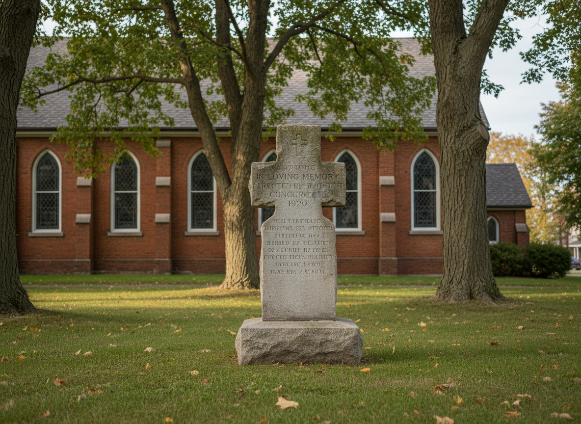 A serene photographic scene of the churchyard at St. Paul’s Anglican Church Port Dover, focusing on a simple stone memorial cross with clean, well-kept engravings. The cross stands among trimmed grass and a few mature trees, whose leaves create dappled patterns of light and shadow on the ground. In the mid-distance, a partial view of the church’s red-brick exterior and arched windows lends context without dominating the frame. Captured in soft, late-afternoon light under a slightly overcast sky, the colors are gentle and natural, enhancing a mood of peace, remembrance, and hope. The composition uses shallow depth of field, with the memorial cross crisply in focus and the church subtly blurred, reinforcing the contemplative, respectful tone in a realistic, professional style.