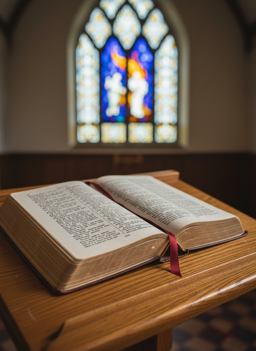 A photographic close-up of an open Anglican prayer book resting on a smooth, medium-toned wooden lectern, its pages gently curved with a ribbon marker in deep red silk lying across well-worn text. The print is sharp and readable but not the main focus; instead, the emphasis is on the textures of the aged paper and the warm wood grain. Behind the lectern, a softly out-of-focus stained glass window in cool blues and warm ambers diffuses soft, colored light into the space. The lighting is gentle and even, suggesting a quiet morning service preparation. Shot at eye level with a moderate depth of field, the mood is reflective and studious, aligning with a professional, reverent church environment.